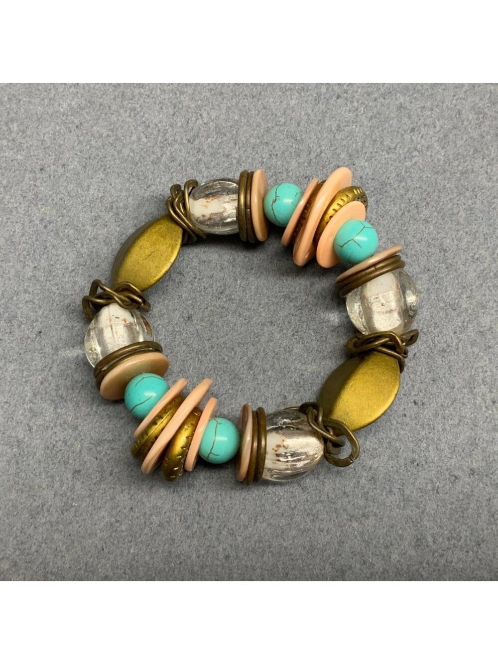 Chunky Funky Stretch Bracelet 7 In Turquoise Blue Gold Beads Peach Crackle Boho